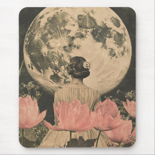 Moonlit Elegance - Back View of Woman with Moon Mouse Mat