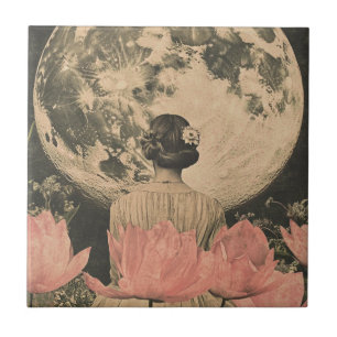 Moonlit Elegance - Back View of Woman with Moon Tile