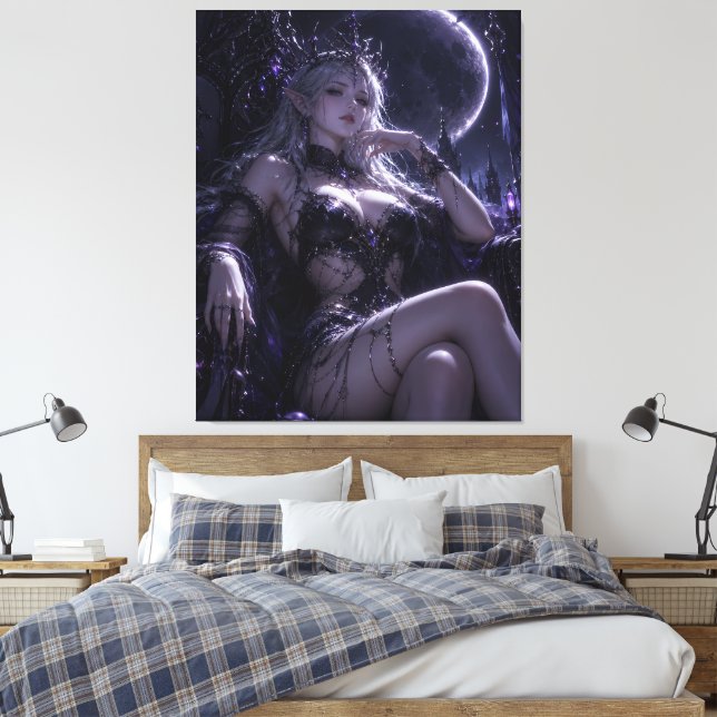 Moonlit Elf Queen Dark Fantasy Portrait Canvas Print (Insitu(Bedroom))