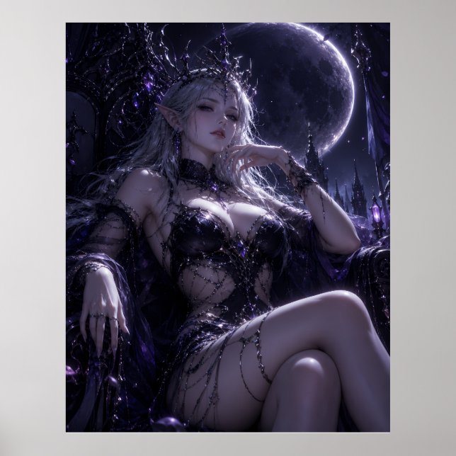Moonlit Elf Queen Dark Fantasy Portrait Poster (Front)
