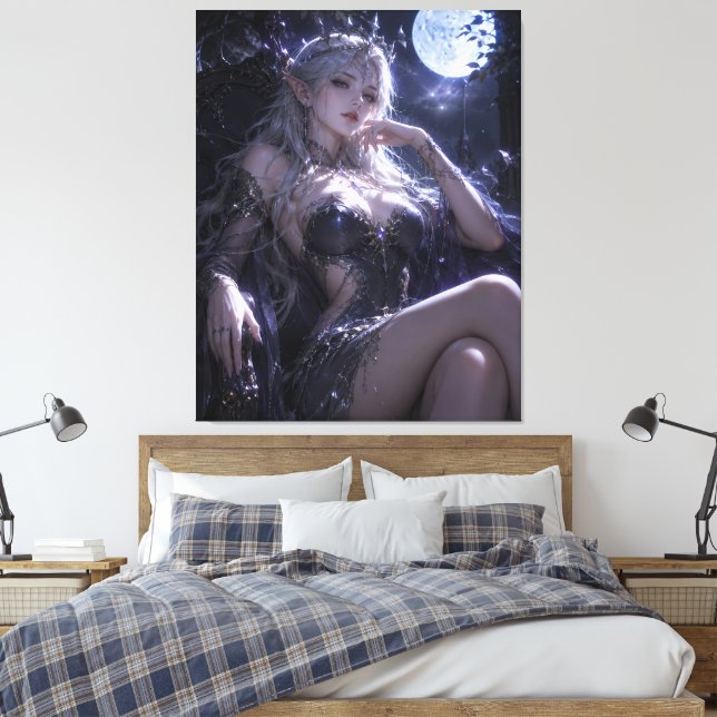 Moonlit Elf Queen Fantasy Portrait | Dark Blue Got Canvas Print (Insitu(Bedroom))