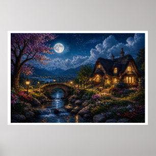 Moonlit Enchanted Cottage Canvas Print – Magical N