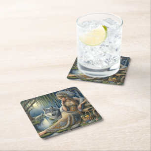 Moonlit Enchantment in the Mystic Forest Square Paper Coaster
