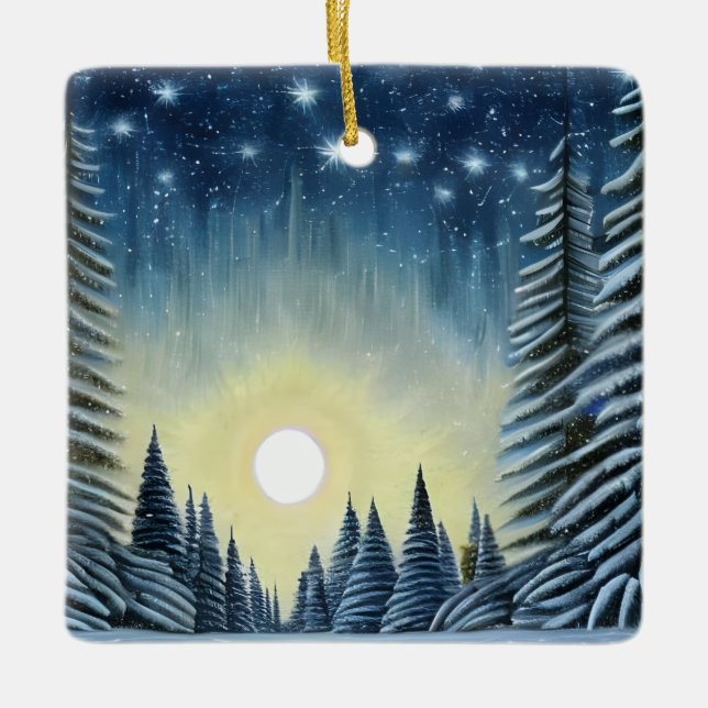Moonlit Evergreen Snowscape Under The Night Stars Ceramic Ornament (Front)