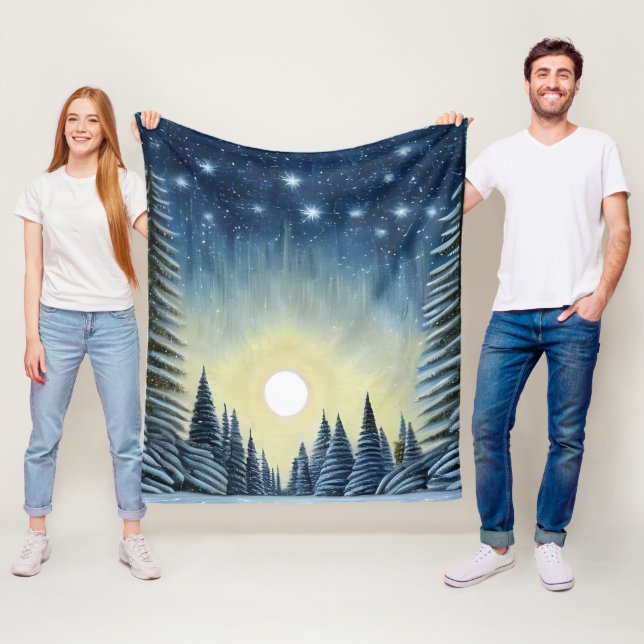 Moonlit Evergreen Snowscape Under The Night Stars Fleece Blanket (In Situ)