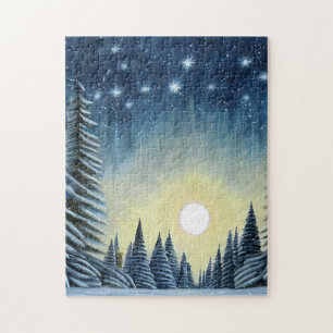 Moonlit Evergreen Snowscape Under The Night Stars Jigsaw Puzzle