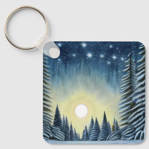 Moonlit Evergreen Snowscape Under The Night Stars Key Ring