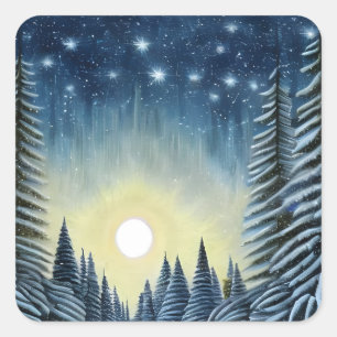 Moonlit Evergreen Snowscape Under The Night Stars Square Sticker