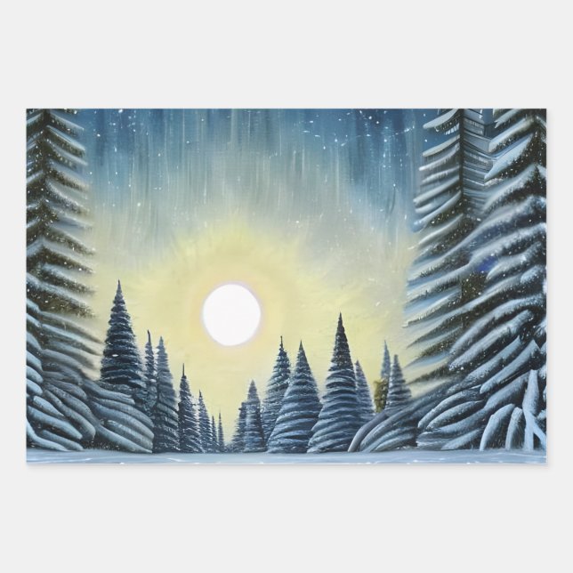 Moonlit Evergreen Snowscape Under The Night Stars Wrapping Paper Sheet (Front 3)