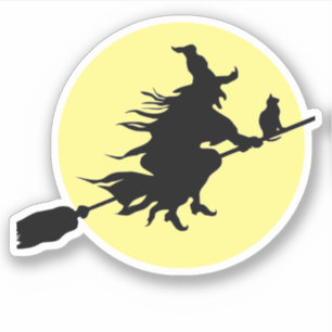Moonlit Flying Witch on Broom with Cat silhouette