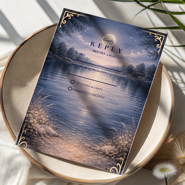 Moonlit Forest Lake Romance Wedding RSVP Card (Creator Uploaded)