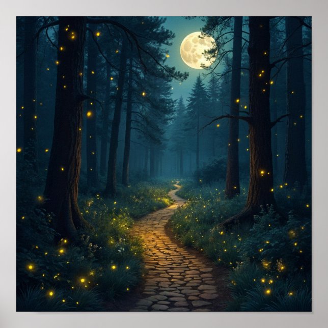 Moonlit Forest Path with Fireflies Poster (Front)