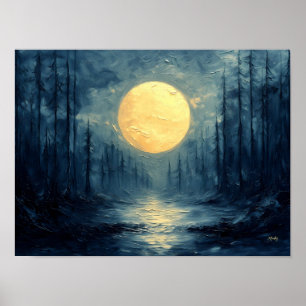 Moonlit Forest Reflection – Abstract Blue & Gold Poster