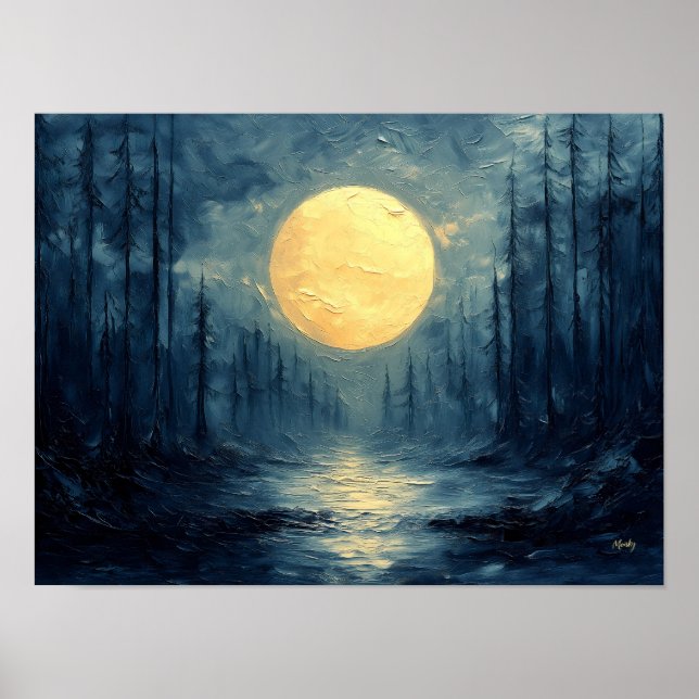 Moonlit Forest Reflection – Abstract Blue & Gold Poster (Front)