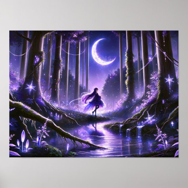 Moonlit Forest Sorceress girl under enchanted cres Poster (Front)
