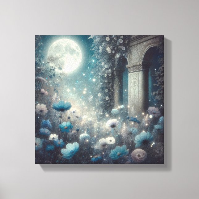 Moonlit Garden with Celestial Flowers and Stars Canvas Print (Front)