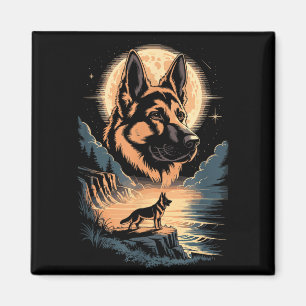 Moonlit German Shepherd Dog Night Lake Scene Magnet