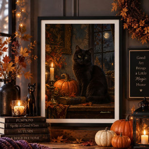Moonlit Gothic Black Cat Autumn Fine Art Poster