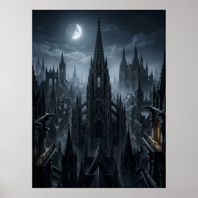 Moonlit Gothic City Spires Poster (Front)