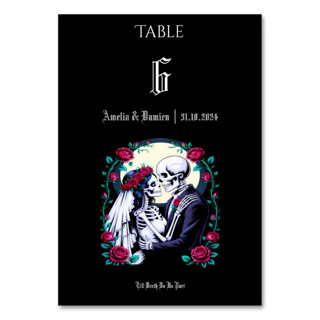Moonlit Gothic Skeleton Till Death Floral Wedding Table Number (Front)