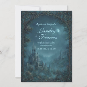Moonlit Gothic Teal Fantasy Castle Wedding Invitation