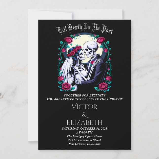 Moonlit Gothic Till Death Skeleton Rose Wedding Invitation (Front)