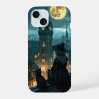 Moonlit Gothic Witch & Black Cat Rooftop iPhone C