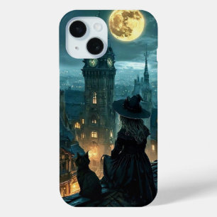 Moonlit Gothic Witch & Black Cat Rooftop iPhone C iPhone 15 Case