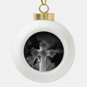 Moonlit GraveYard Gothic Cross With Crows Ceramic Ball Christmas Ornament