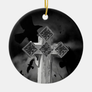 Moonlit GraveYard Gothic Cross With Crows Ceramic Tree Decoration