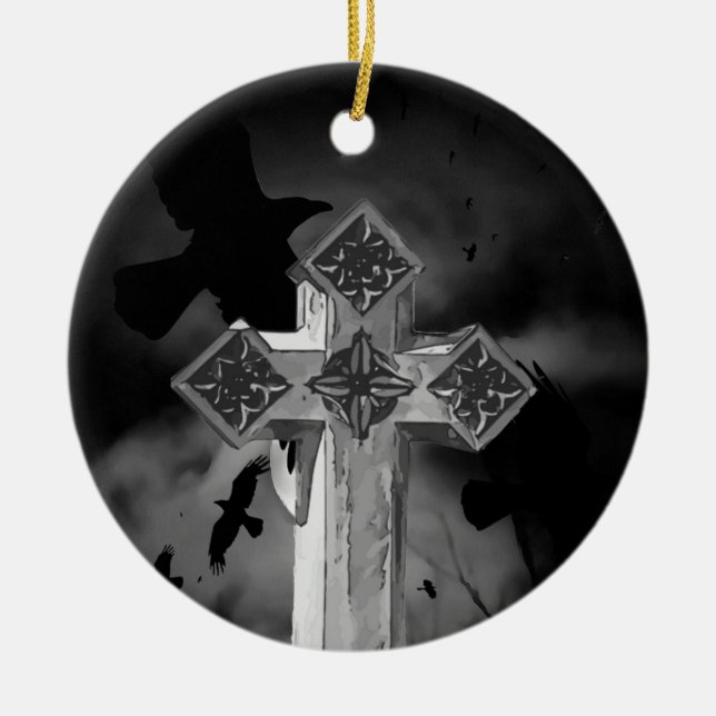 Moonlit GraveYard Gothic Cross With Crows Ceramic Tree Decoration (Front)