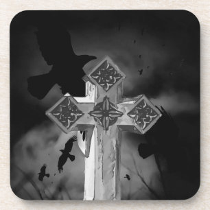 Moonlit GraveYard Gothic Cross With Crows Coaster