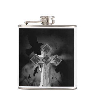 Moonlit GraveYard Gothic Cross With Crows Hip Flask