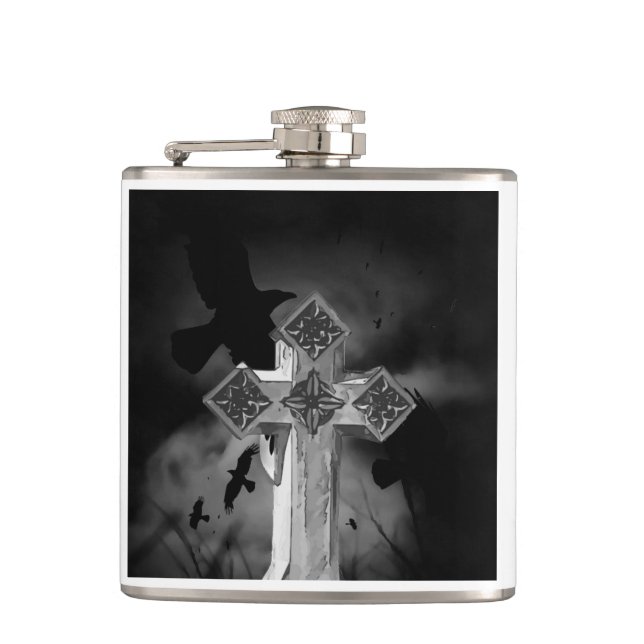 Moonlit GraveYard Gothic Cross With Crows Hip Flask (Front)