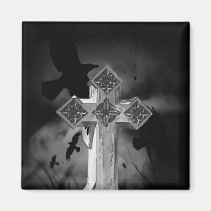 Moonlit GraveYard Gothic Cross With Crows Magnet