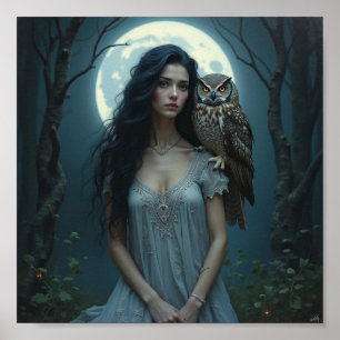 Moonlit Guardian – Fantasy Woman & Owl Art Poster