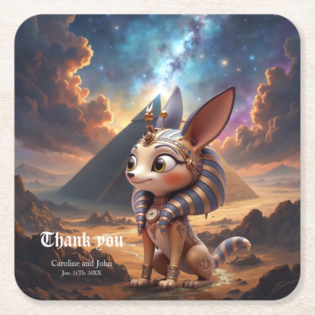 Moonlit Guardian of the Ancient Sands Square Paper Coaster (Front)