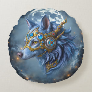 Moonlit Guardian of the Sapphire Veil. Round Cushion