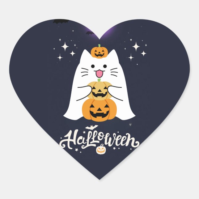 Moonlit Halloween Cat – Spooky & Sweet Night Heart Sticker (Front)