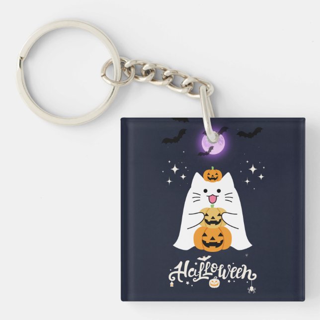 Moonlit Halloween Cat – Spooky & Sweet Night Key Ring (Front)