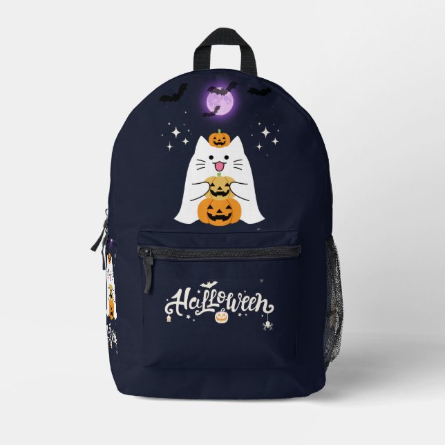 Moonlit Halloween Cat – Spooky & Sweet Night Printed Backpack (Front)