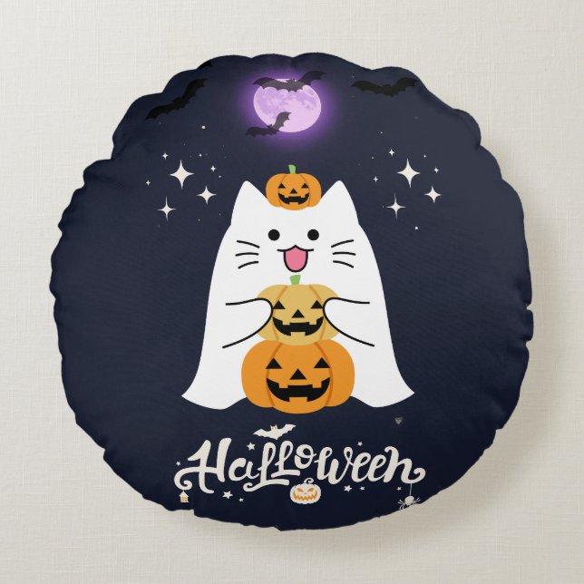 Moonlit Halloween Cat – Spooky & Sweet Night Round Cushion (Front)