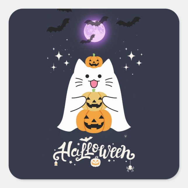Moonlit Halloween Cat – Spooky & Sweet Night Square Sticker (Front)