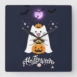 Moonlit Halloween Cat – Spooky & Sweet Night Square Wall Clock
