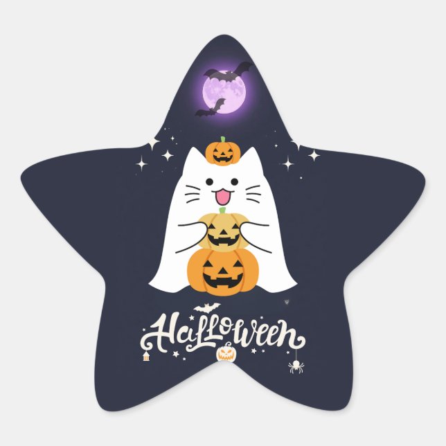 Moonlit Halloween Cat – Spooky & Sweet Night Star Sticker (Front)