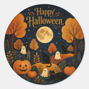 Moonlit Halloween Whiskers and Ghosts Classic Round Sticker
