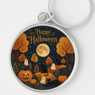 Moonlit Halloween Whiskers and Ghosts Key Ring