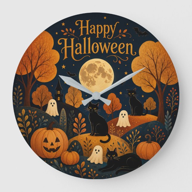 Moonlit Halloween Whiskers and Ghosts Large Clock (Front)