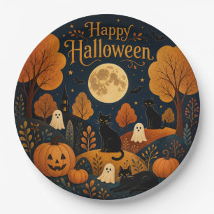 Moonlit Halloween Whiskers and Ghosts Paper Plate