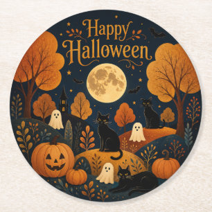 Moonlit Halloween Whiskers and Ghosts Round Paper Coaster